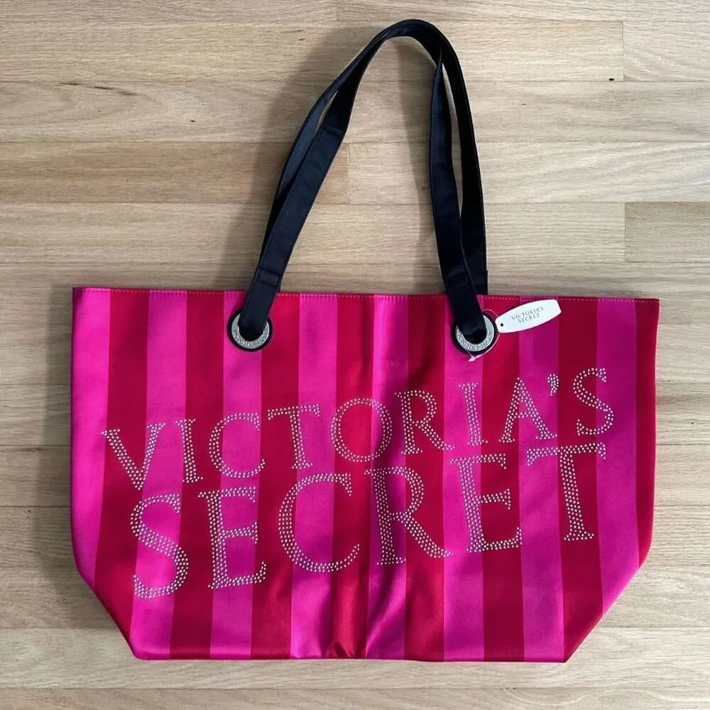 Victoria's Secret Pink Striped Tote Bag NWD Rhinestone Logo Satin Shoulder Bag
